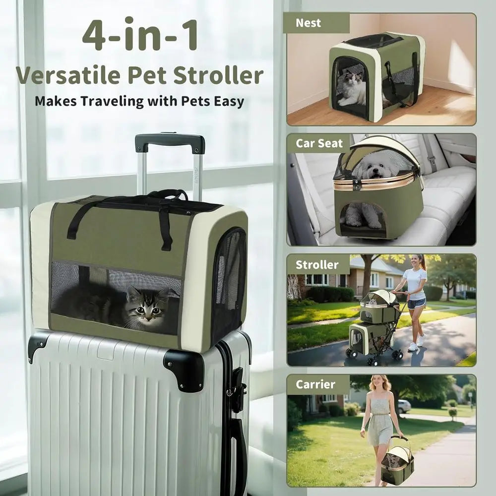 Pet Stroller Foldable Travel Carriage with Detachable Carriers, Safety Belts, and 4 Lockable Wheels for Small to Medium Pets – I