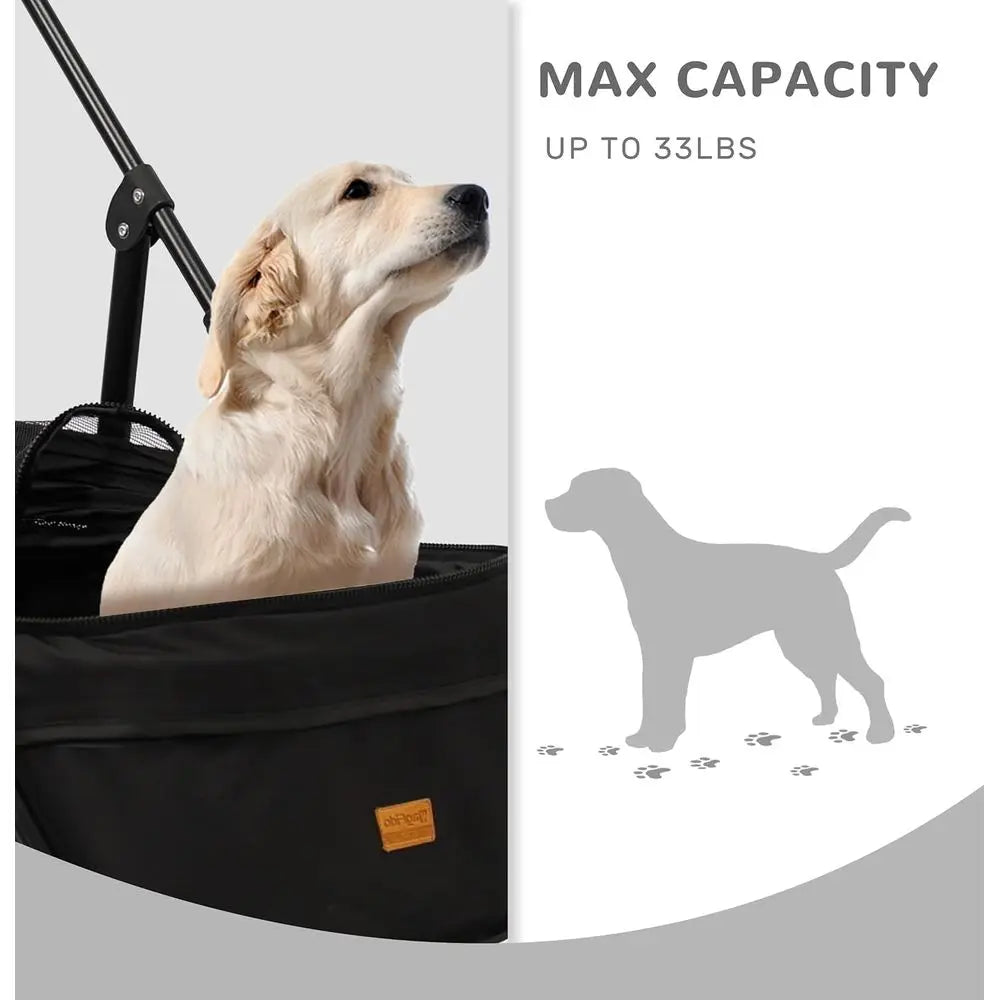 4 Wheels Pet Stroller, One-Click Folding, Portable Folding Dog Cat Stroller, Sunshade, Storage Bag, Waterproof Oxford Fiber, Bre