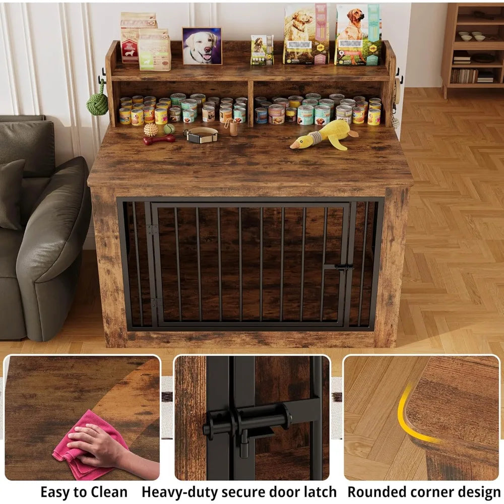 IRONCK Extra Large Dog Crate Furniture, 43.3 inches Wooden Dog Crate with Storage and 4 Hooks, Heavy Duty Pet Crate for Large Do
