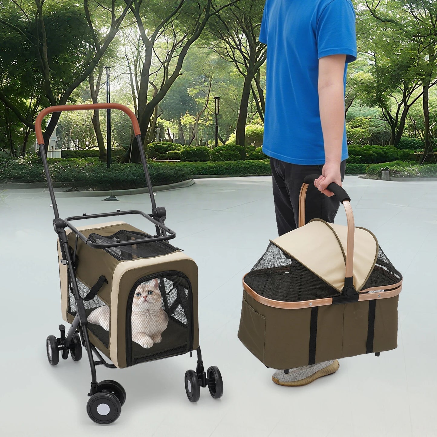Double Decker Pet Stroller for 2 Cats or Small Dogs, 77lbs Capacity, Detachable Pet Carrier with Breathable Mesh and Soft Pad