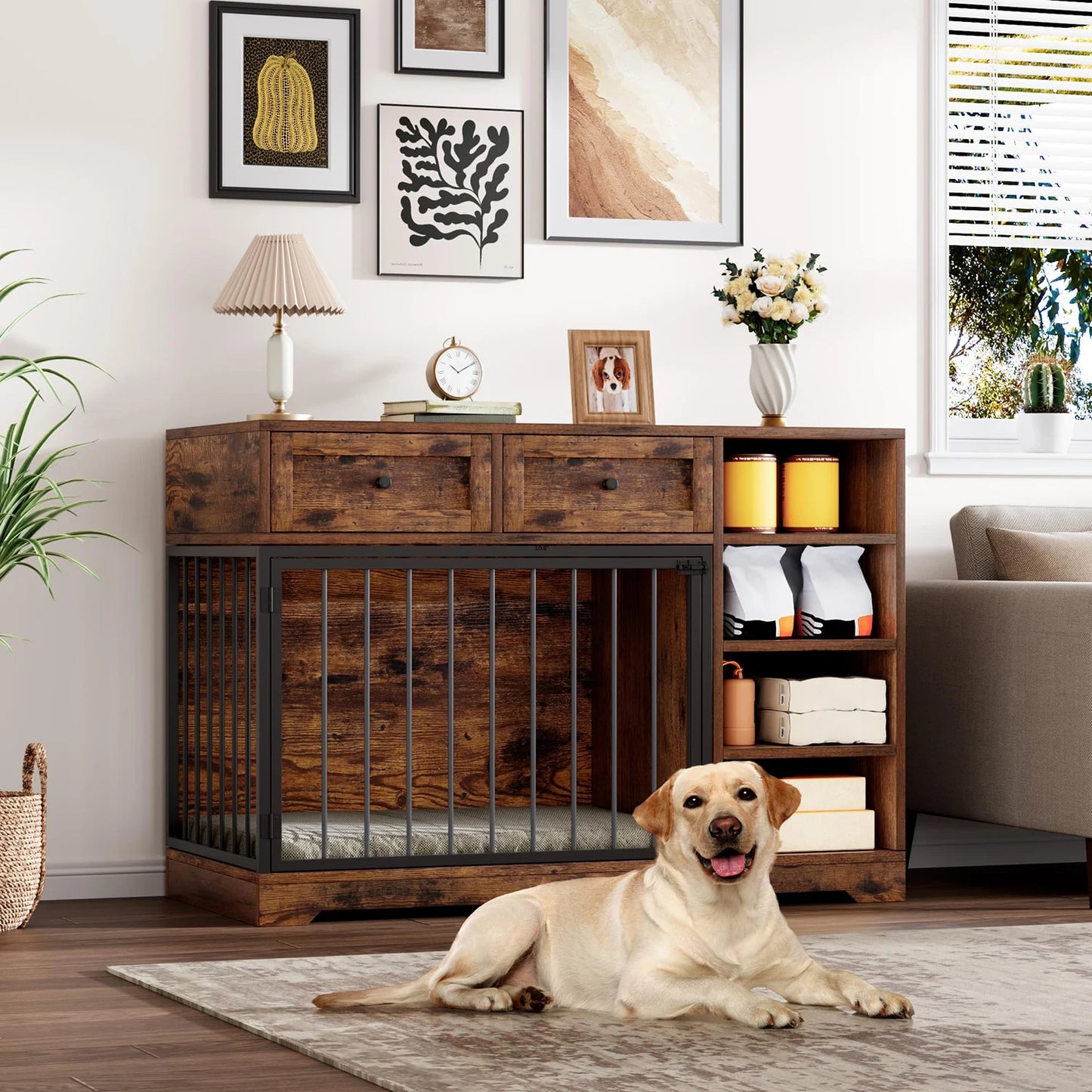 47" Large Dog Crate Furniture TV Stand Vintage Wooden Kennel For Medium Large Dogs Indoor Dog Cage With 2 Drawers & 4 Shelves