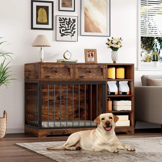 47" Large Dog Crate Furniture TV Stand Vintage Wooden Kennel For Medium Large Dogs Indoor Dog Cage With 2 Drawers & 4 Shelves