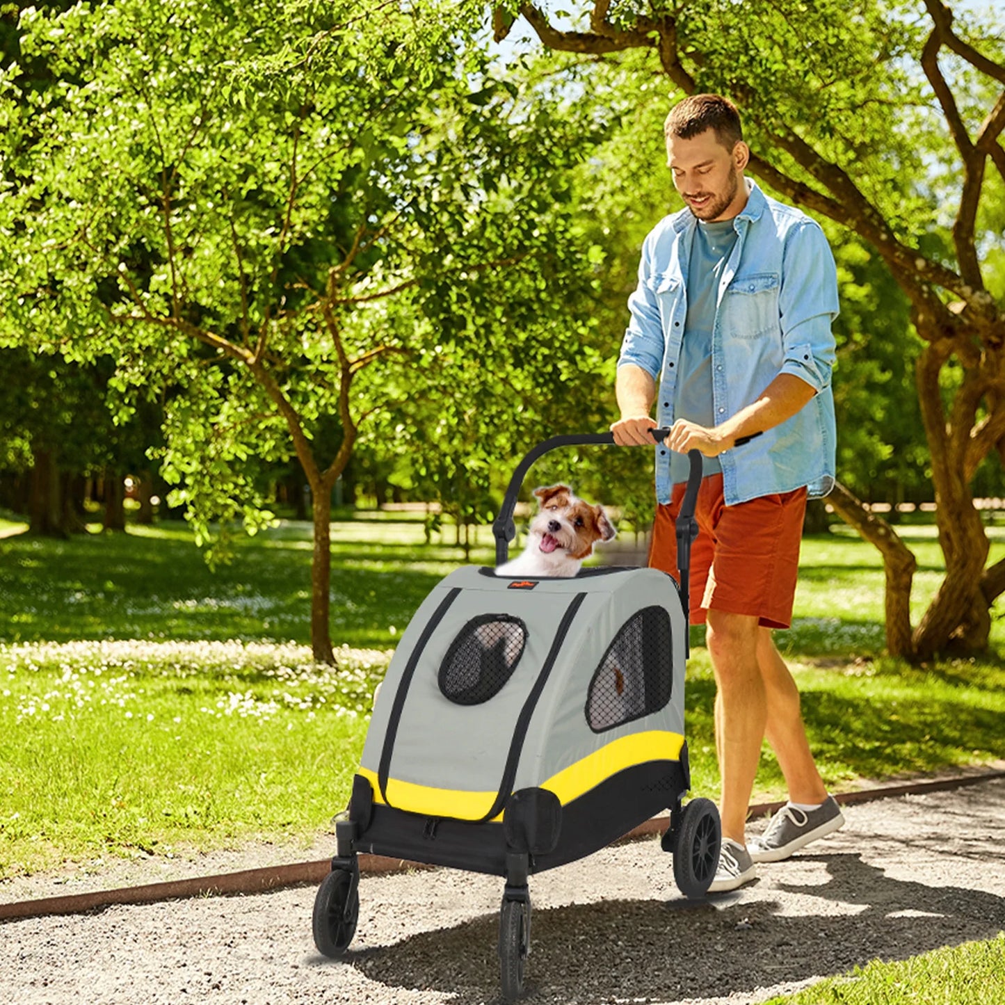 Portable Outdoor Small Dog & Cat Travel Stroller Folding Jogger Wagon Carrier with Adjustable Handle and Safety Leash