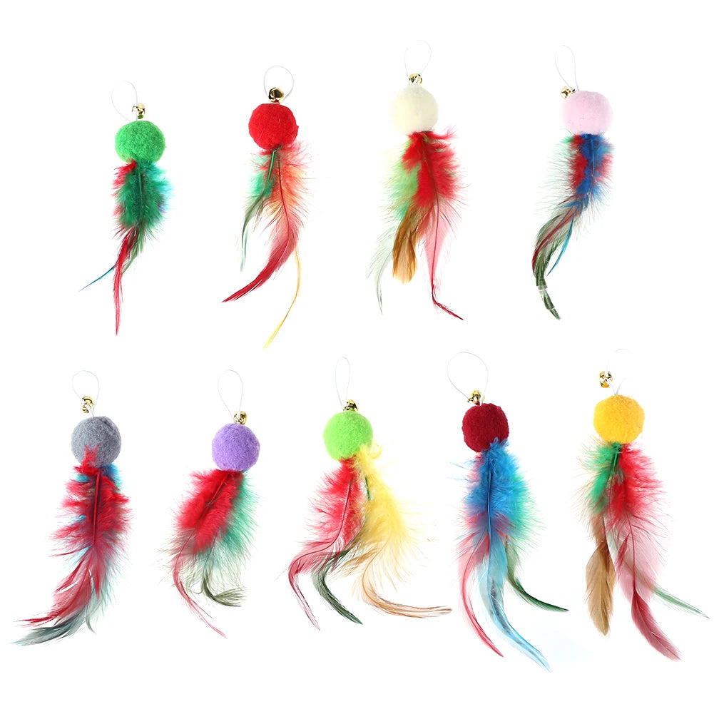 10Pcs Replacement Cat Feather Toys with Bell Feather Replacement Head Cat Wand Toy Refills for Indoor Cats Kitten Exercise