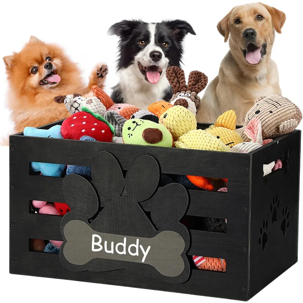 Large Dog Toy Basket Wood Dog Toy Bin Storage Baskets Box with Handles and Label Position Design Large Organizer with Paw Patter