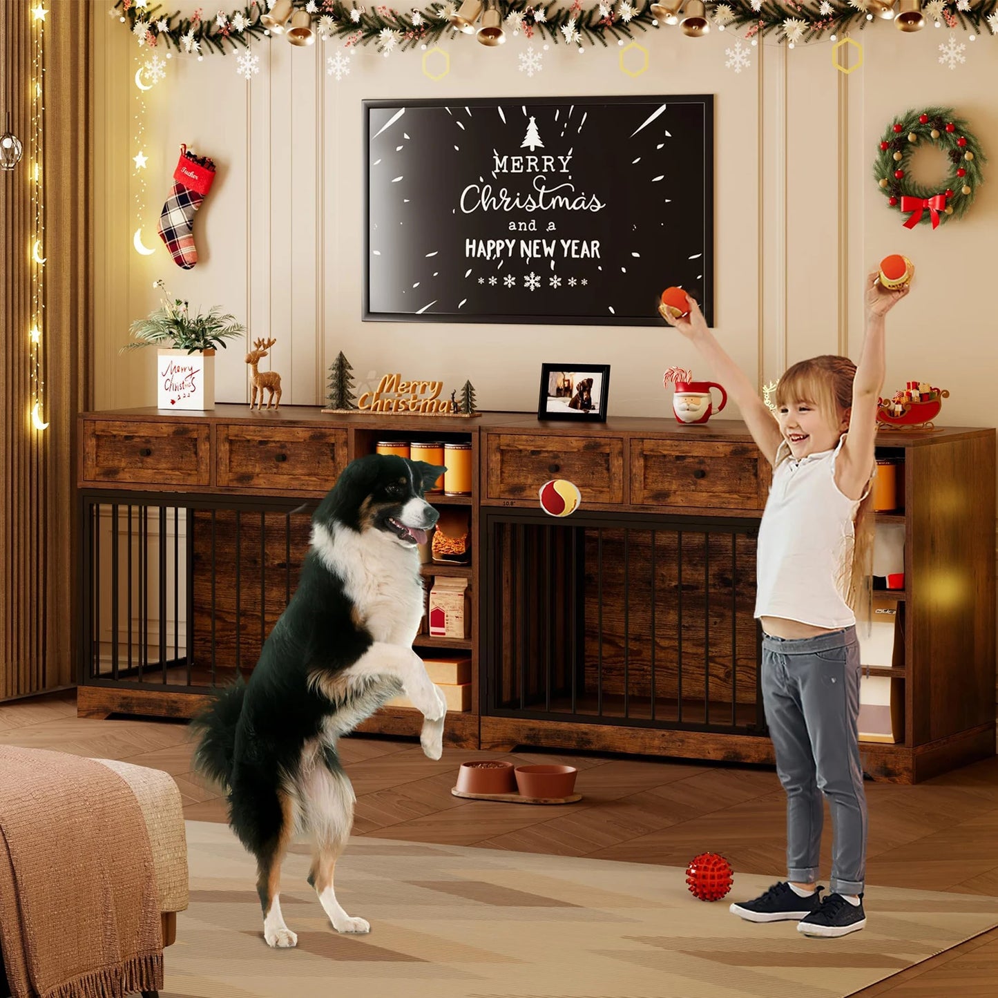 47" Large Dog Crate Furniture TV Stand Vintage Wooden Kennel For Medium Large Dogs Indoor Dog Cage With 2 Drawers & 4 Shelves
