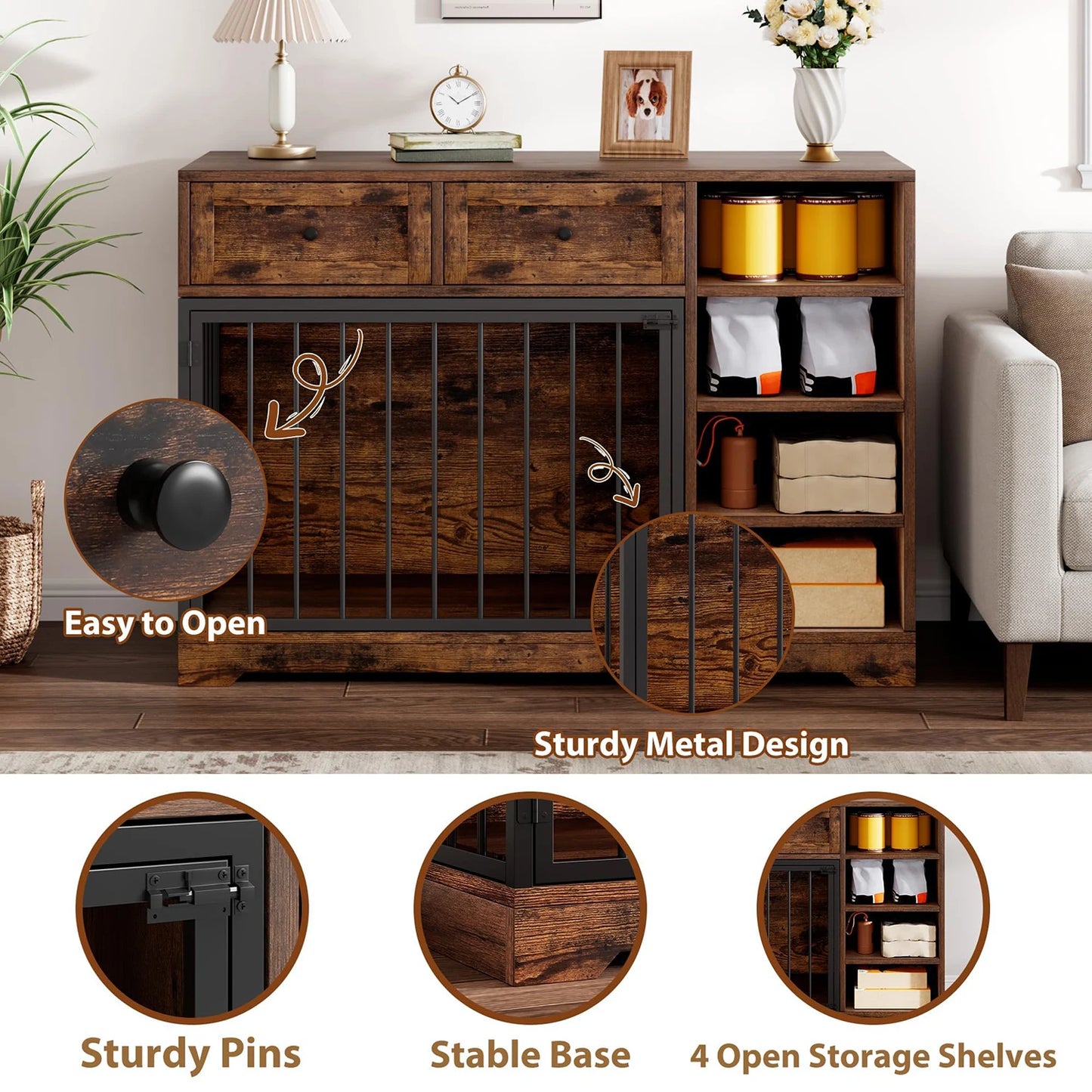 47" Large Dog Crate Furniture TV Stand Vintage Wooden Kennel For Medium Large Dogs Indoor Dog Cage With 2 Drawers & 4 Shelves