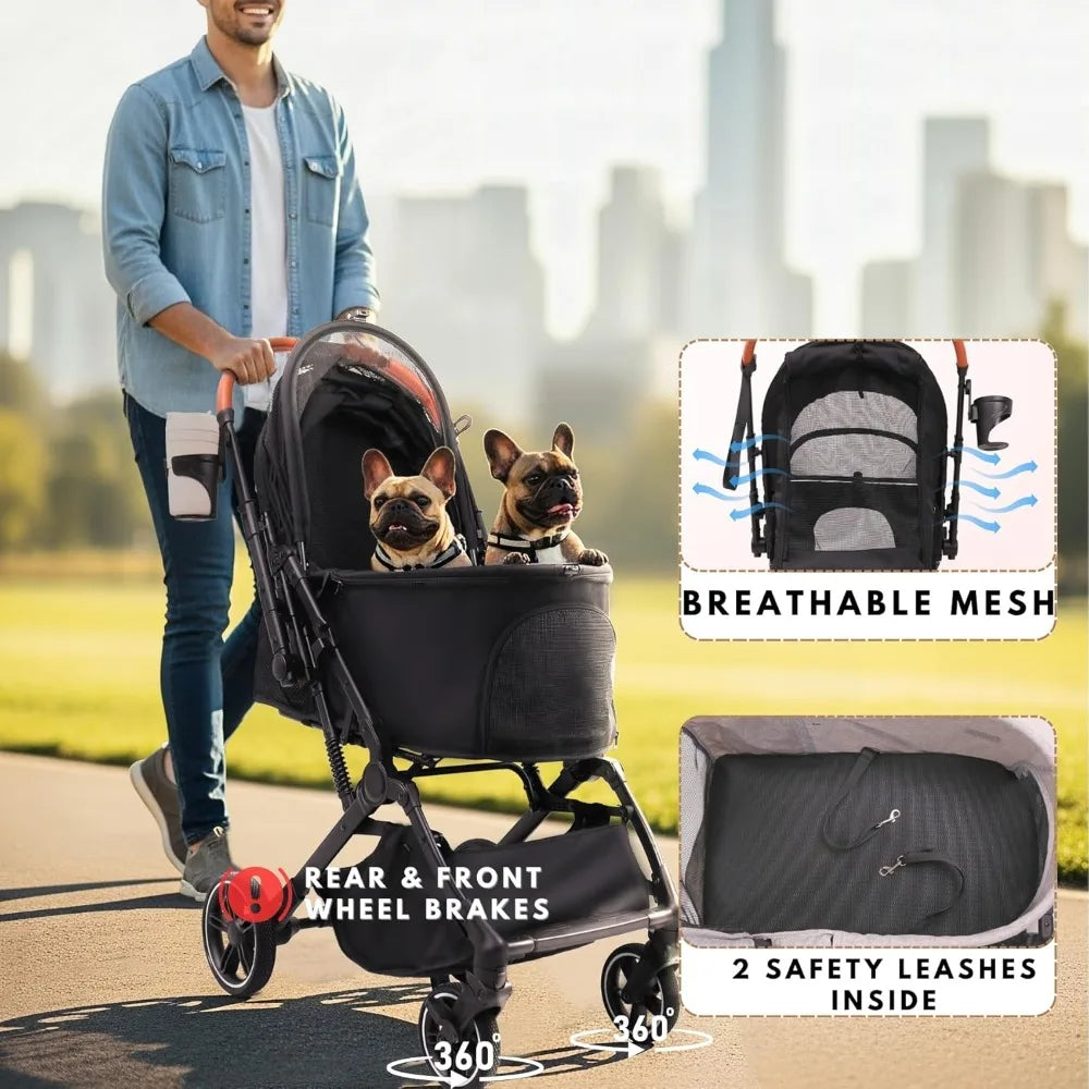 Stroller for Small Medium Dogs Cats Up to 45 lbs, Travel Lite Collapsible, All Terrain 4 Wheels for Jogging, Running, Grey