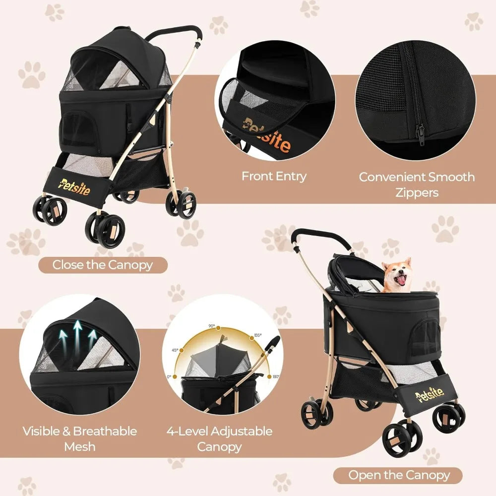 3-in-1 Pet Stroller, Portable Folding Dog Cat Stroller with Removable Car Seat Carrier, Adjustable Canopy, Zippered Mesh