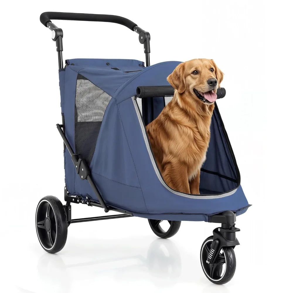 Pet Stroller for Medium Dogs with Adjustable Handle, 3-Wheel Dog Cat Wagon with Dual Entry, Rear Storage, Breathable Mesh