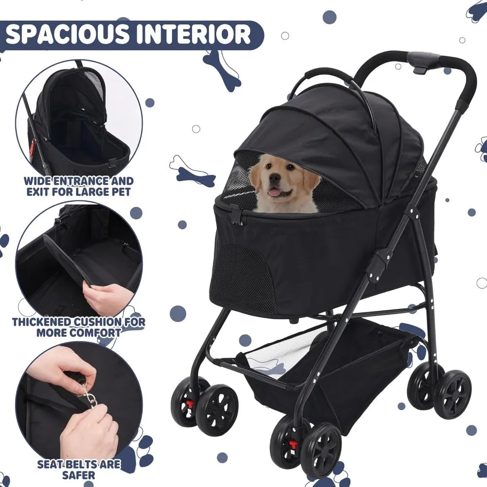 Pet Stroller, Foldable Cat Dog Strollers for Medium Dogs 20KG, Pet Travel Dog Stroller Pushchair with Detachable Carrier Ca