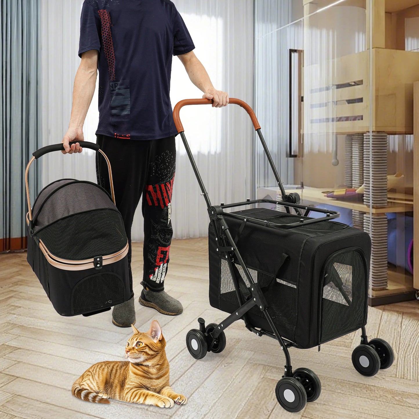 Double Decker Pet Stroller for 2 Cats or Small Dogs, 77lbs Capacity, Detachable Pet Carrier with Breathable Mesh and Soft Pad