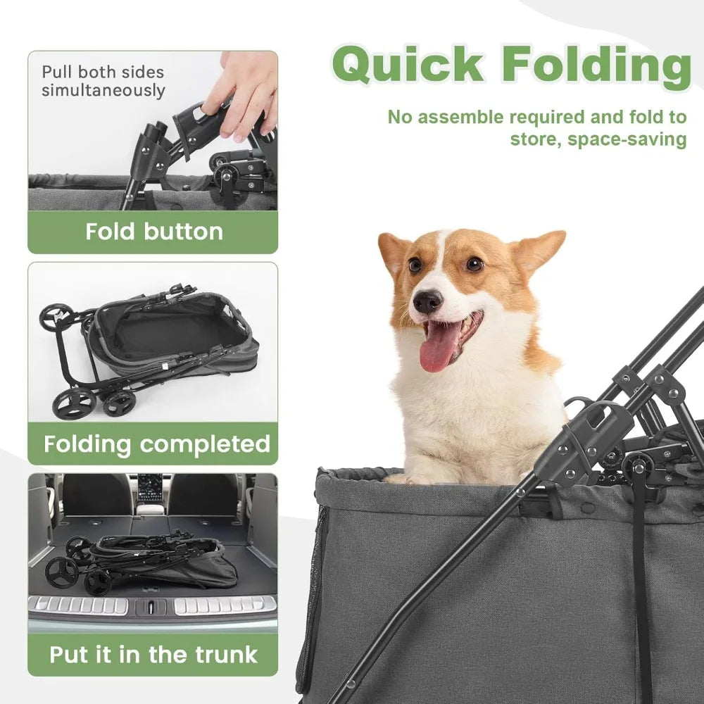 20% Larger Capacity, Dog Stroller for Medium/Small Pets with Dog Poop Bags & Dispenser, Storage Pouch, Zipperless, Entry in
