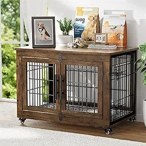 Dog Crate Furniture with Cushion, Wooden Dog Kennel Indoor with Double Doors, Cage with Wheels, Dog House Side End Table for