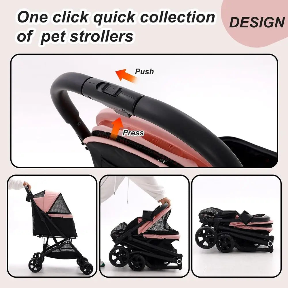 Stroller, 4 Wheels Easy-Fold Pet Cat Stroller for 10-36 lbs Small/Medium Dogs and Cats with Storage Basket & Cup Holder, Breatha