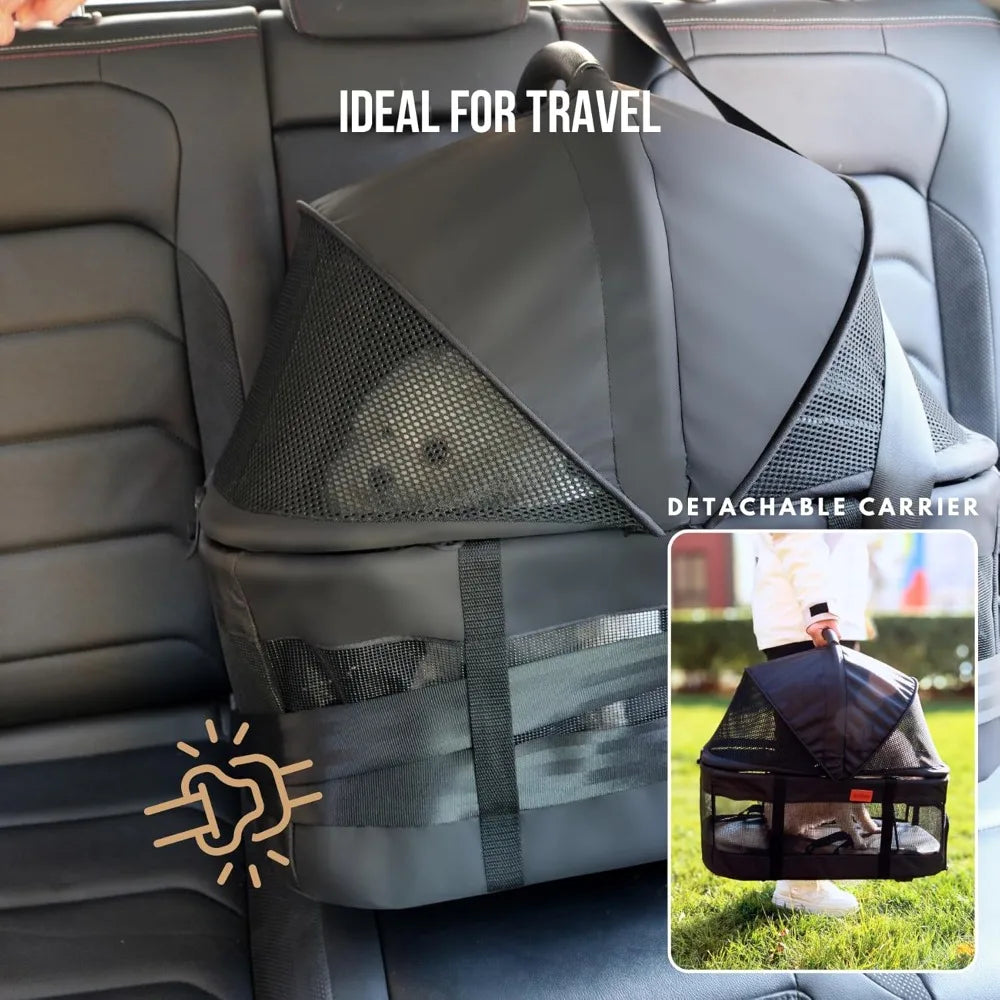 Pet Stroller for Small Dogs Cats with Wheels, Detachable Carrier, Max Load 33 lbs, Easy Folding, Compact Portable, Dog Carriage