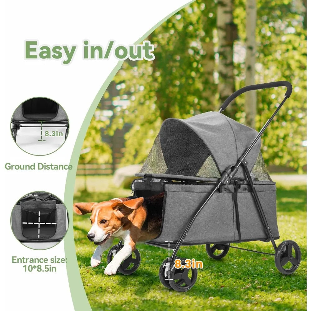 20% Larger Capacity, Dog Stroller for Medium/Small Pets with Dog Poop Bags & Dispenser, Storage Pouch, Zipperless, Entry in