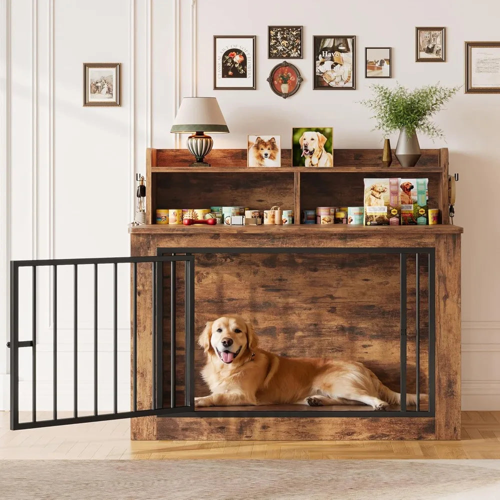 IRONCK Extra Large Dog Crate Furniture, 43.3 inches Wooden Dog Crate with Storage and 4 Hooks, Heavy Duty Pet Crate for Large Do