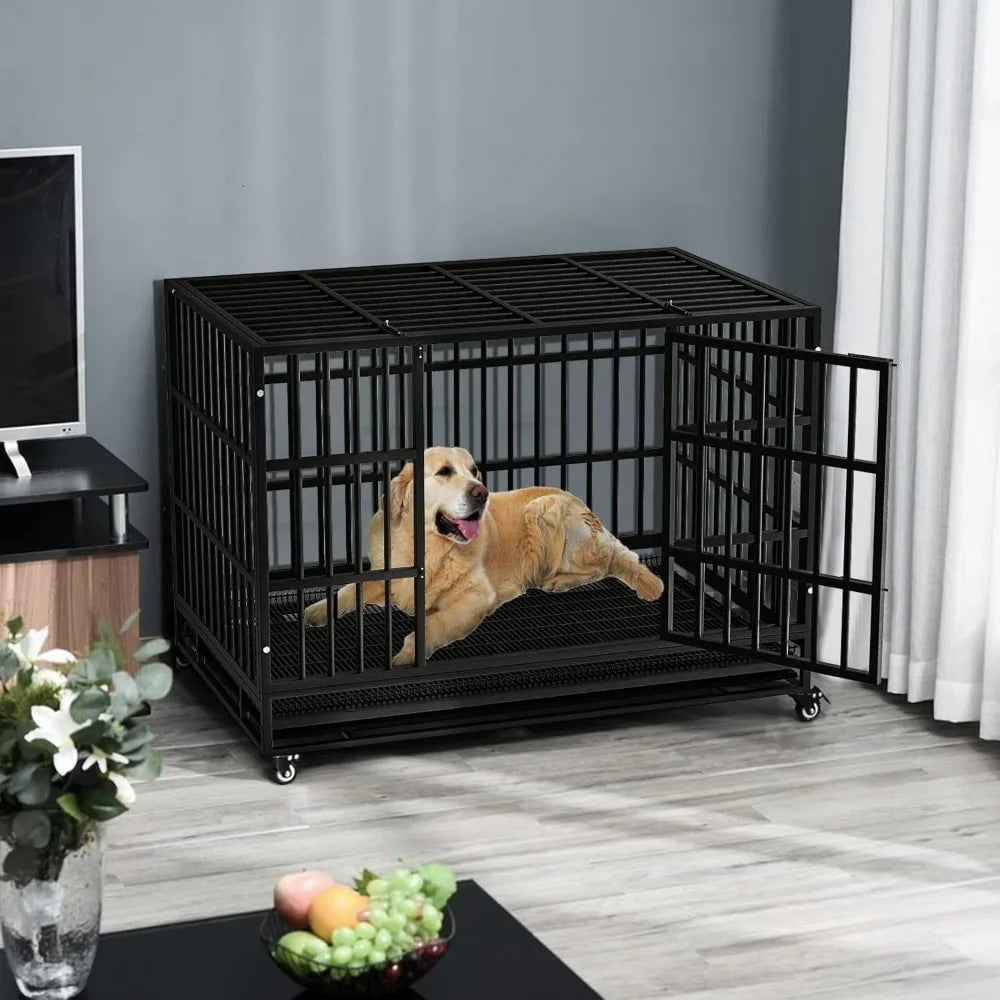 Sturdy 48/38 Inch Dog Crate with Lockable Wheels and High Anxiety Security for Large Breeds