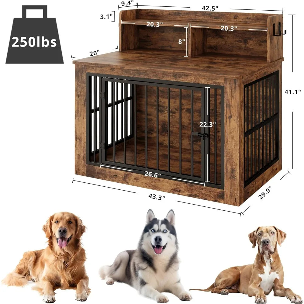 IRONCK Extra Large Dog Crate Furniture, 43.3 inches Wooden Dog Crate with Storage and 4 Hooks, Heavy Duty Pet Crate for Large Do