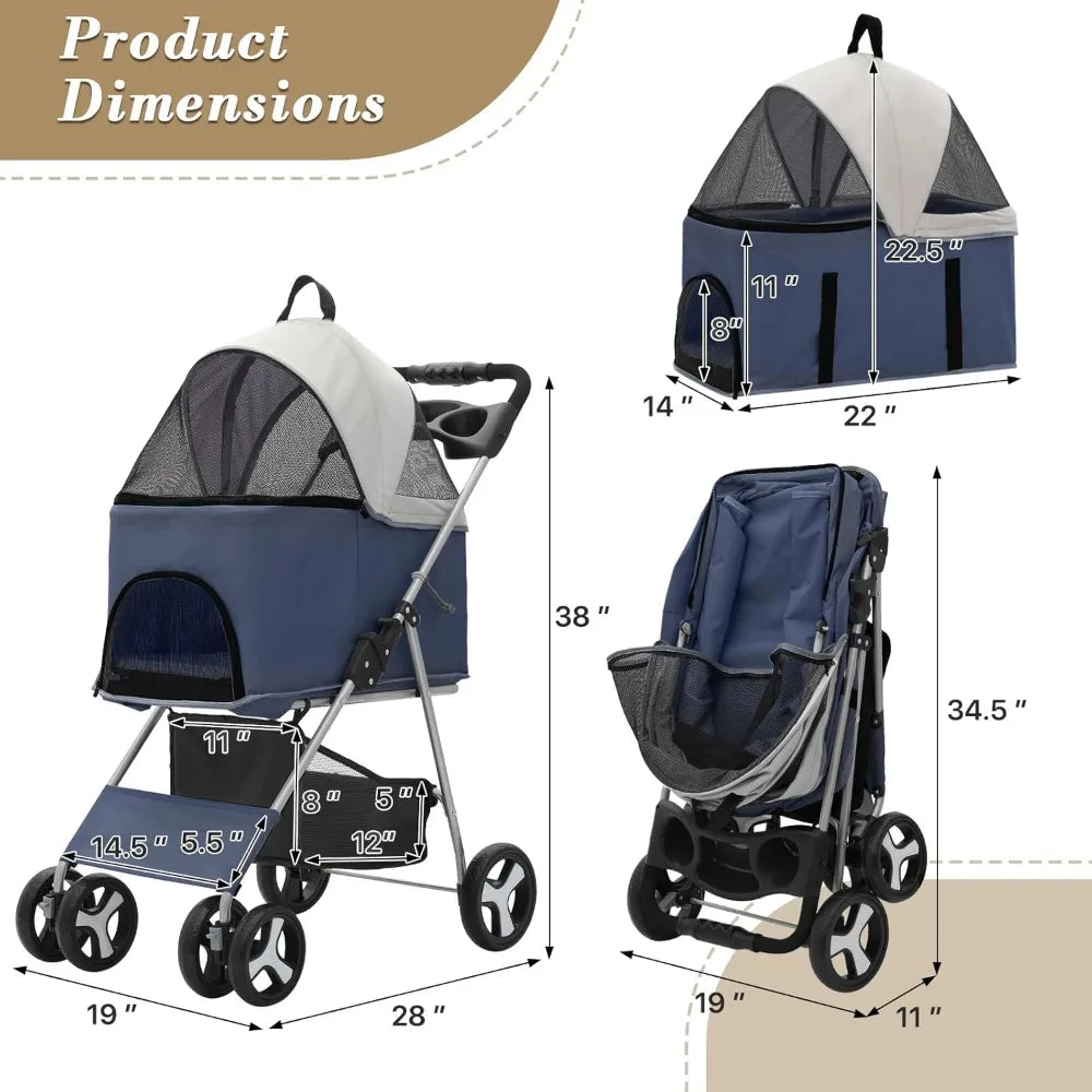 Collection 4-Wheel Pet Stroller for Medium Dogs & Cats - Detachable Carrier, Cup Holder, Bottom Storage - Navy Black