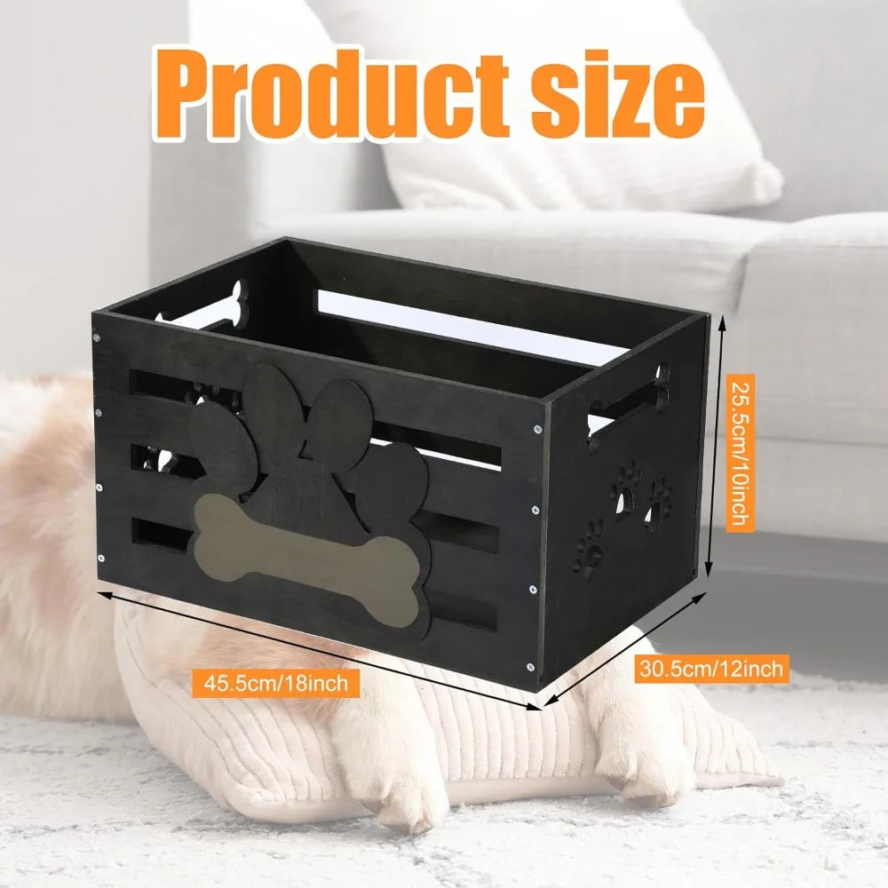 Large Dog Toy Basket Wood Dog Toy Bin Storage Baskets Box with Handles and Label Position Design Large Organizer with Paw Patter