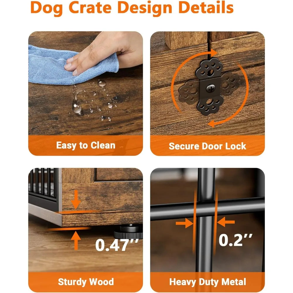 Dog Crate Furniture with Cushion, Wooden Dog Kennel Indoor with Double Doors, Cage with Wheels, Dog House Side End Table for