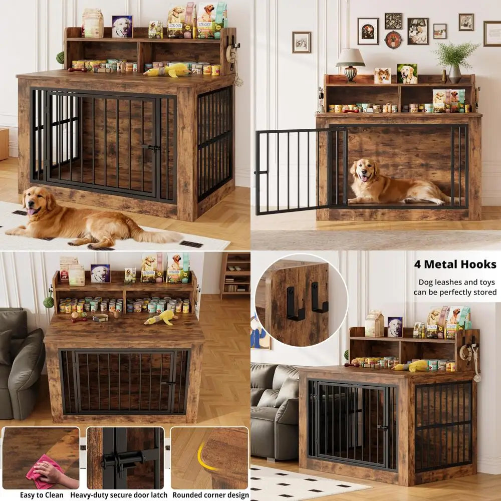 IRONCK Extra Large Dog Crate Furniture, 43.3 inches Wooden Dog Crate with Storage and 4 Hooks, Heavy Duty Pet Crate for Large Do