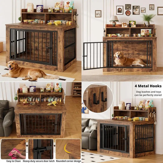 IRONCK Extra Large Dog Crate Furniture, 43.3 inches Wooden Dog Crate with Storage and 4 Hooks, Heavy Duty Pet Crate for Large Do