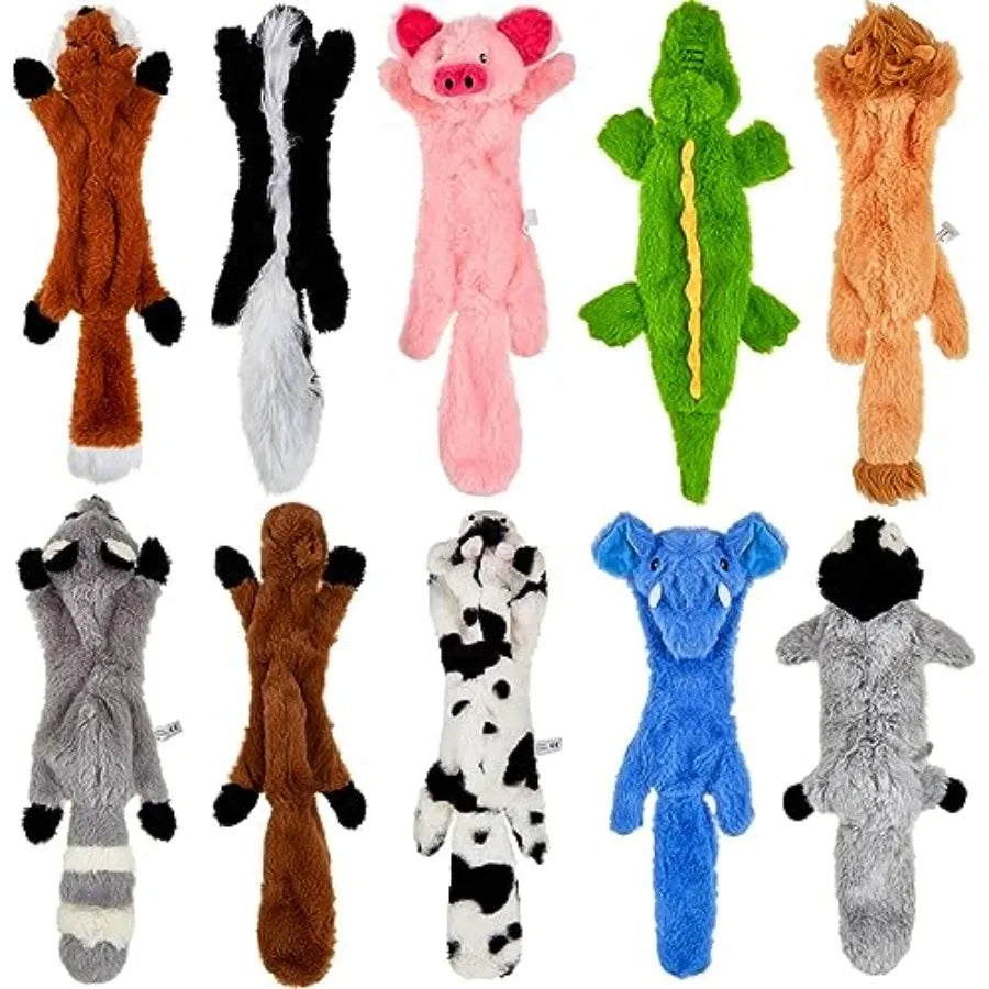 10 Pack Squeaky Plush Dog Toys No Stuffing Crinkle Chew Toys for Small Medium Large Breeds Durable Squirrel Raccoon Skunk Anima