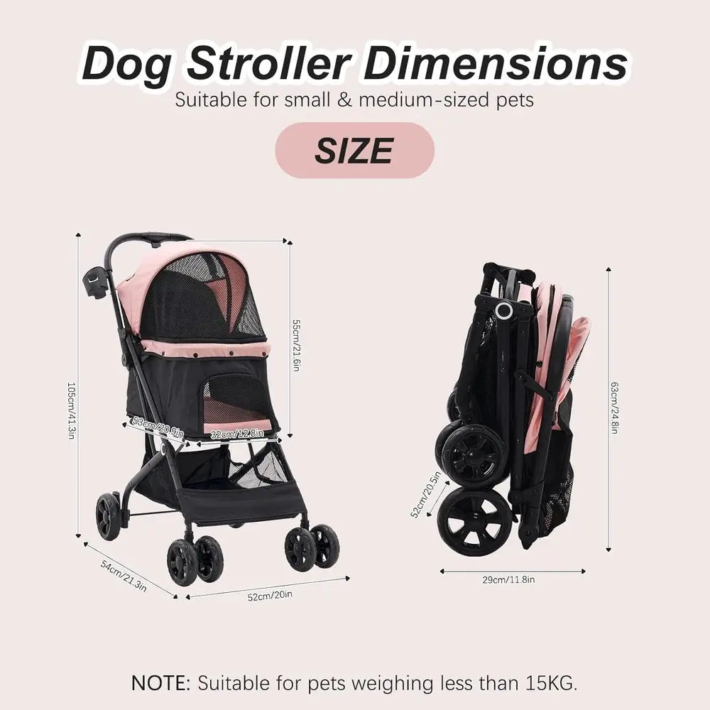 Stroller, 4 Wheels Easy-Fold Pet Cat Stroller for 10-36 lbs Small/Medium Dogs and Cats with Storage Basket & Cup Holder, Breatha