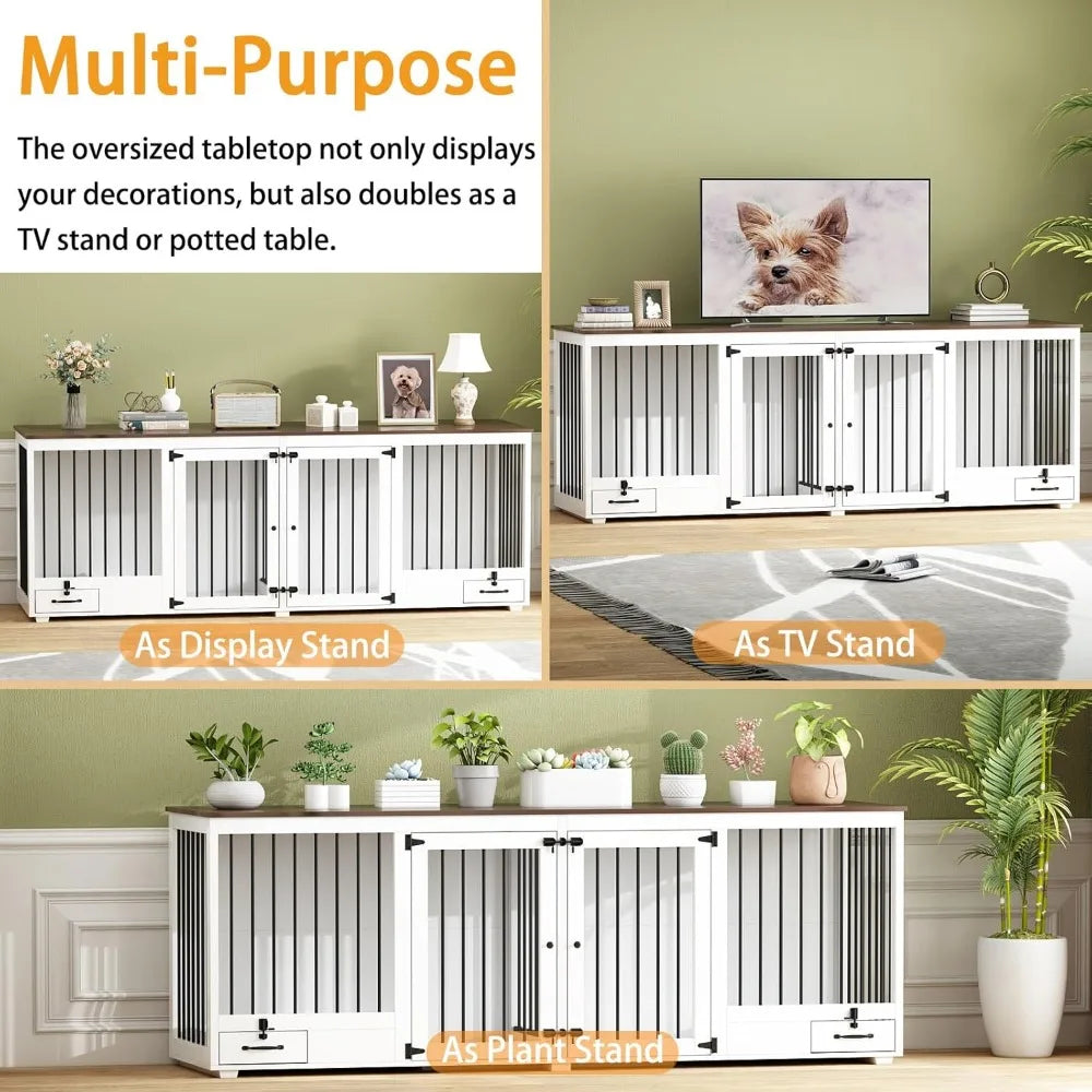 Furniture Style Large Dog Crate for 2 Dogs, 86.6 Heavy Duty Wooden Dog Kennel with Dog Bowl Drawers & Divider, Indoor Furniture