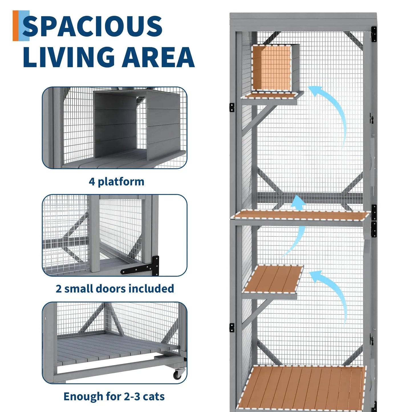 74.8" Large Catio Outdoor Cat Enclosure With 4 Lockable Wheels Weatherproof Multi-Door Cat House Patio Cattery For Multiple Cats