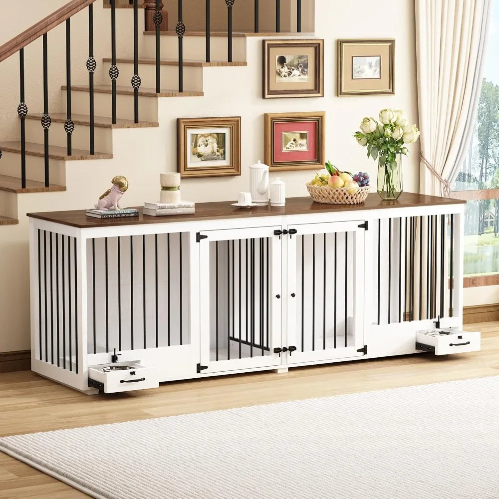 Furniture Style Large Dog Crate for 2 Dogs, 86.6 Heavy Duty Wooden Dog Kennel with Dog Bowl Drawers & Divider, Indoor Furniture