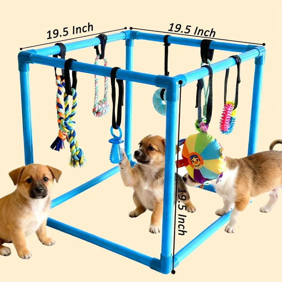 Puppy Play Gym with 8 Hanging Toys Interactive Indoor Jungle Gym ABS Frame with Adjustable Elastic Straps Little Puppy Teething