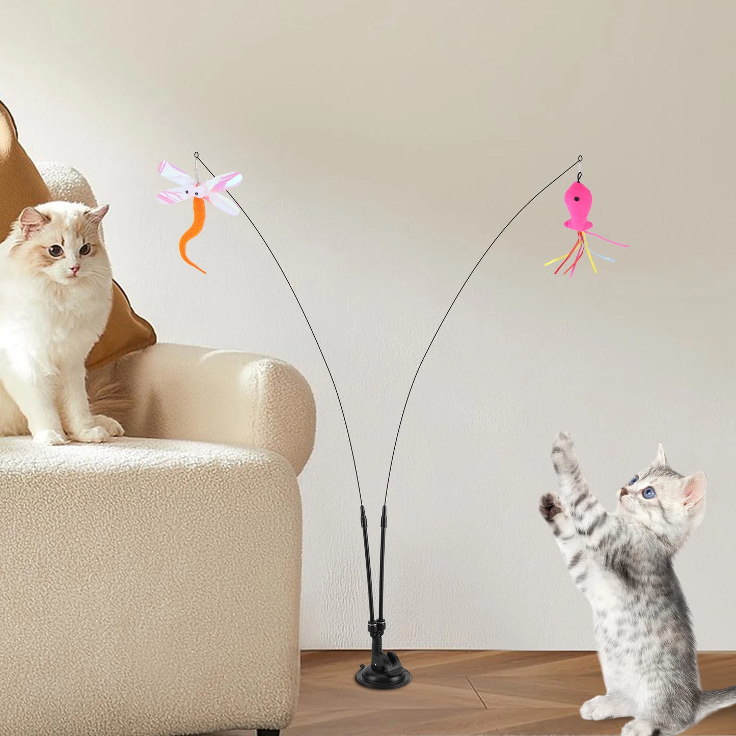 Pet Cat Toy Set Suction Cup Toy Set Double Headed Replacement Head Toy Suit Handfree Cat Toy Stick for Floor Glass Door Panel