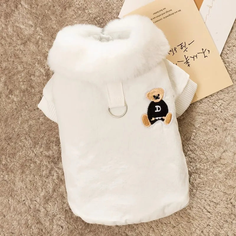 Winter Dog Clothes Luxury Bear Print Fur Collar Windproof Jacket Chihuahua Yorkies Warm Coat Puppy Outfit Clothing Pet Costume