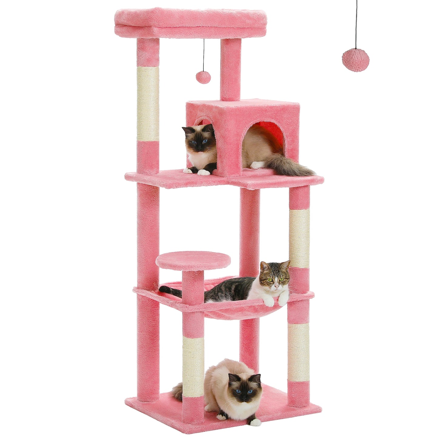 Cat Tree for Indoor Cats Multi-Level Cat Tower with Large Hammock Sisal Covered Scratching Posts Cozy Condo and Top Perch Pink