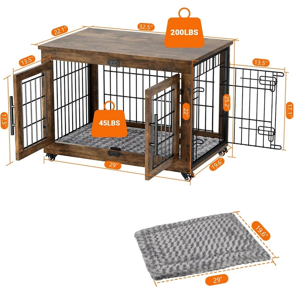 Dog Crate Furniture with Cushion, Wooden Dog Kennel Indoor with Double Doors, Cage with Wheels, Dog House Side End Table for