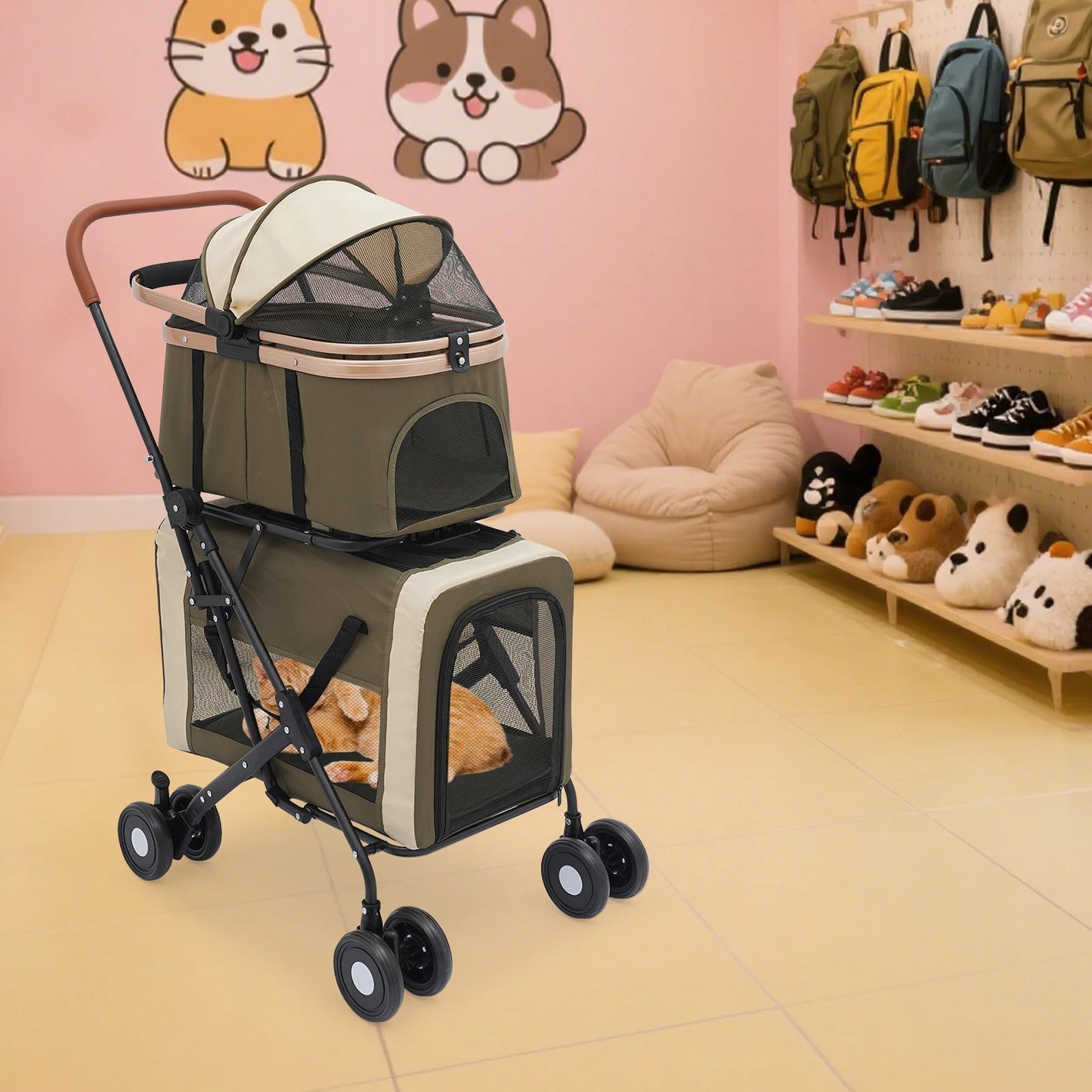Double Decker Pet Stroller for 2 Cats or Small Dogs, 77lbs Capacity, Detachable Pet Carrier with Breathable Mesh and Soft Pad
