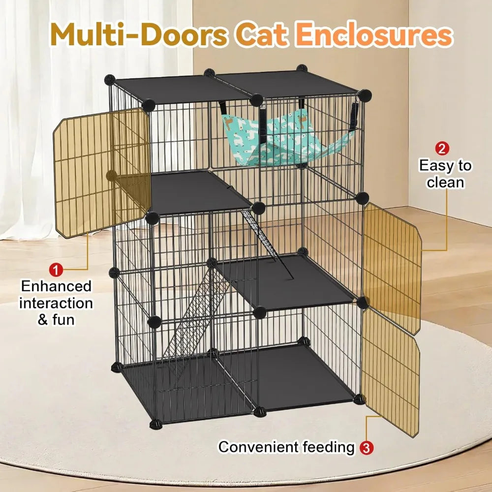Cat Cage, 3-Tier DIY Catio Cat Enclosures, Cat Playpen Indoor & Outdoor with Hammock, Detachable Metal Wire Kennel Cats Crate, 2
