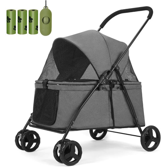 20% Larger Capacity, Dog Stroller for Medium/Small Pets with Dog Poop Bags & Dispenser, Storage Pouch, Zipperless, Entry in