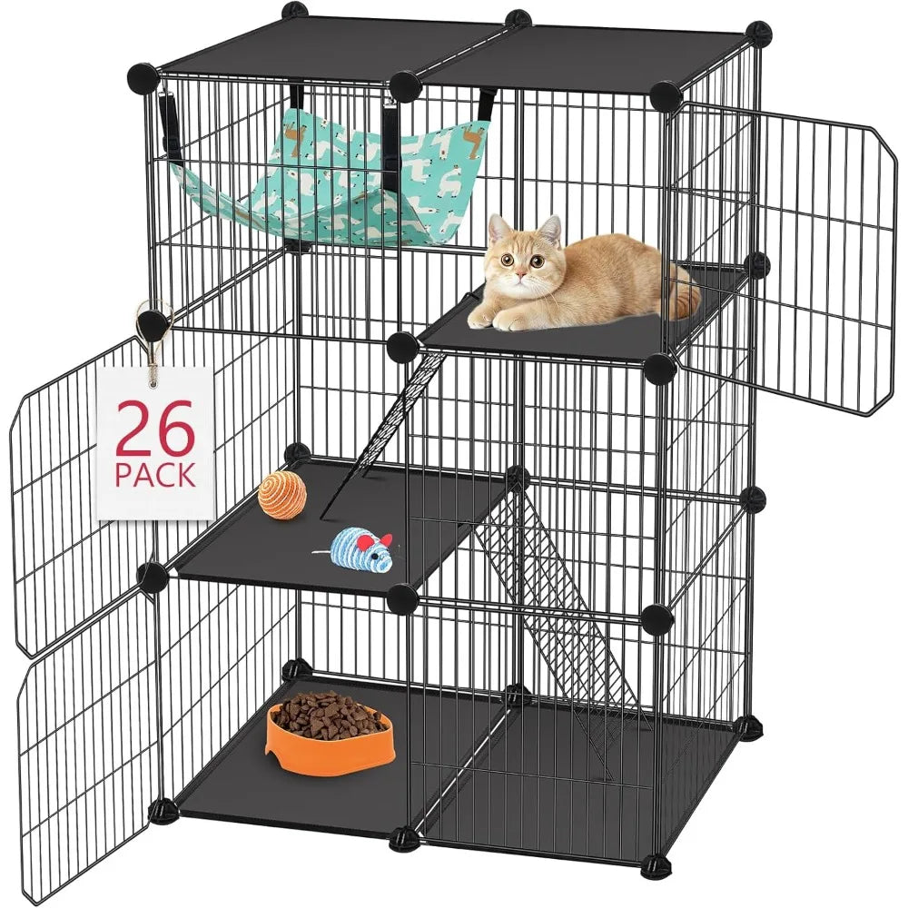 Cat Cage, 3-Tier DIY Catio Cat Enclosures, Cat Playpen Indoor & Outdoor with Hammock, Detachable Metal Wire Kennel Cats Crate, 2