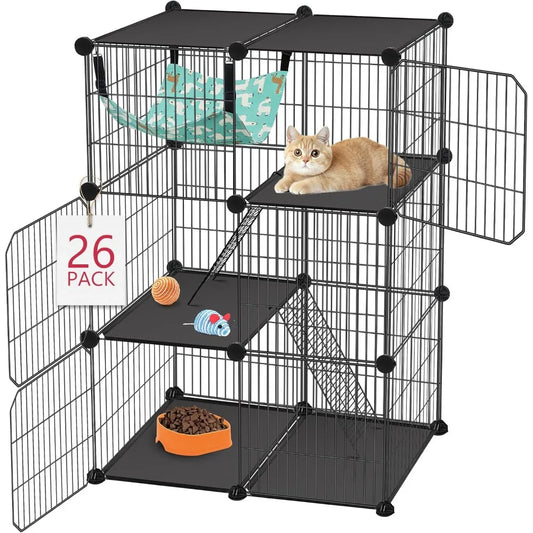 Cat Cage, 3-Tier DIY Catio Cat Enclosures, Cat Playpen Indoor & Outdoor with Hammock, Detachable Metal Wire Kennel Cats Crate, 2