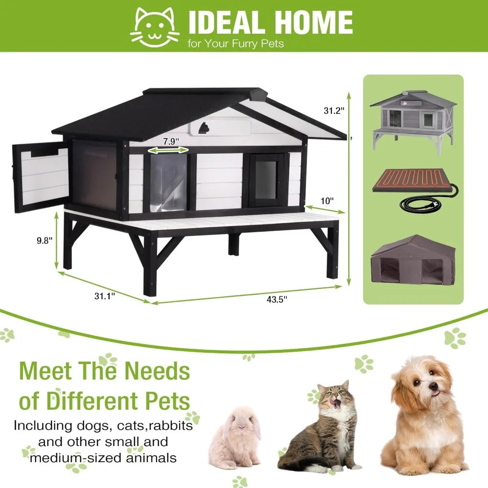 Insulated Outdoor Cat Shelter for Large Cats with Weatherproof Heating Pad and Insula