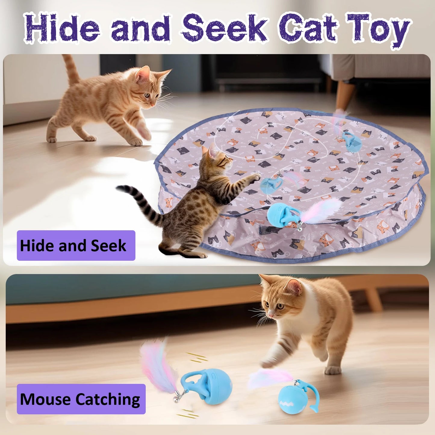 Motion Activate Chirping Cat Toy Ball Fast Rolling in Pouch Automated Cat Hunting Toy for Pet Hide and Seek Game Accessories