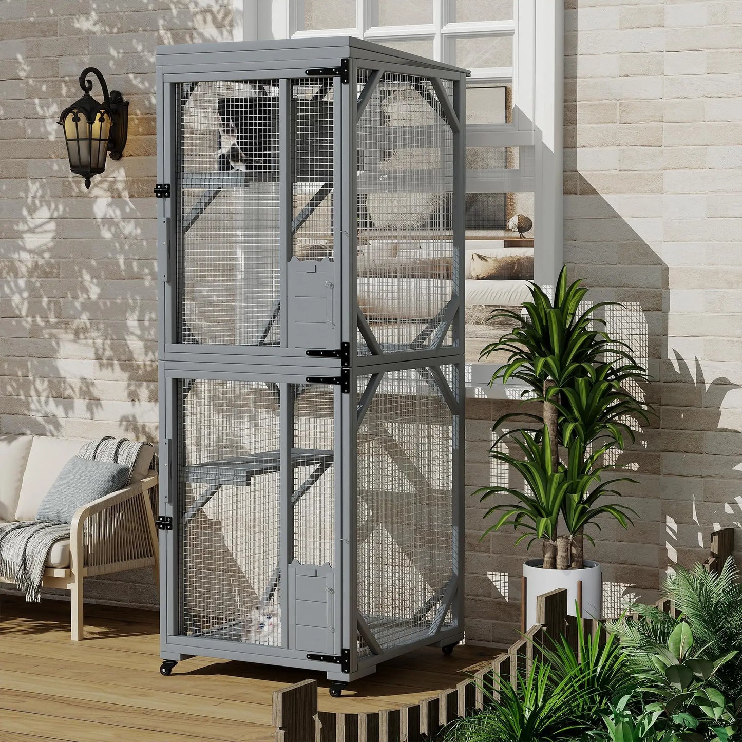 74.8" Large Catio Outdoor Cat Enclosure With 4 Lockable Wheels Weatherproof Multi-Door Cat House Patio Cattery For Multiple Cats