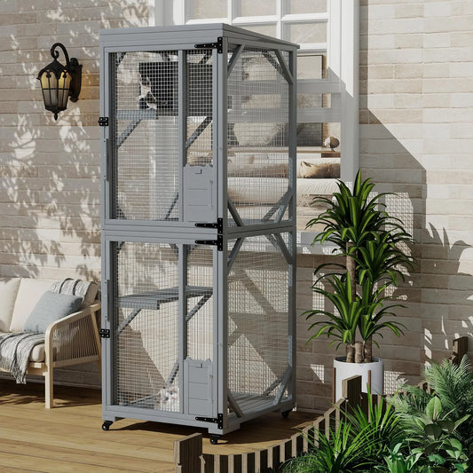 74.8" Large Catio Outdoor Cat Enclosure With 4 Lockable Wheels Weatherproof Multi-Door Cat House Patio Cattery For Multiple Cats