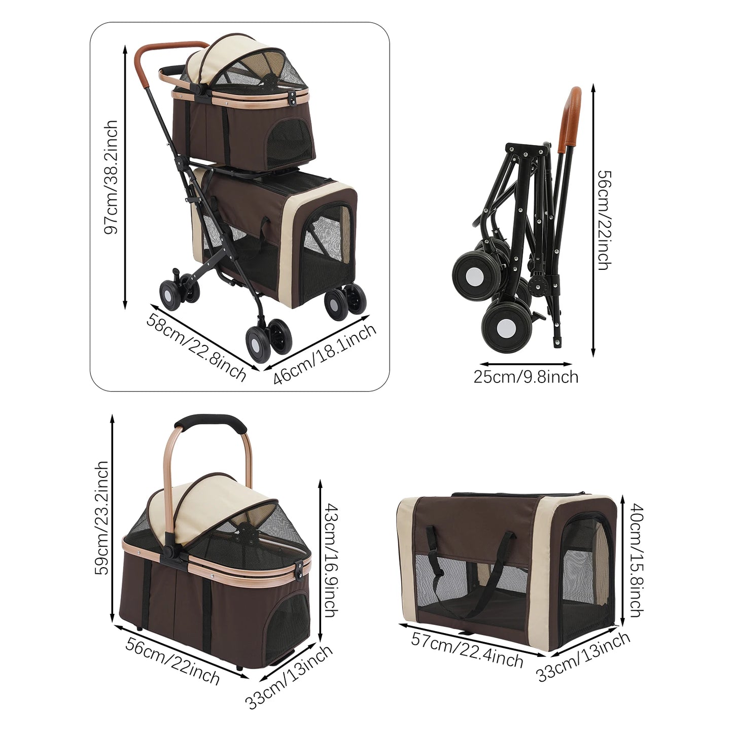 Double Decker Pet Stroller for 2 Cats or Small Dogs, 77lbs Capacity, Detachable Pet Carrier with Breathable Mesh and Soft Pad