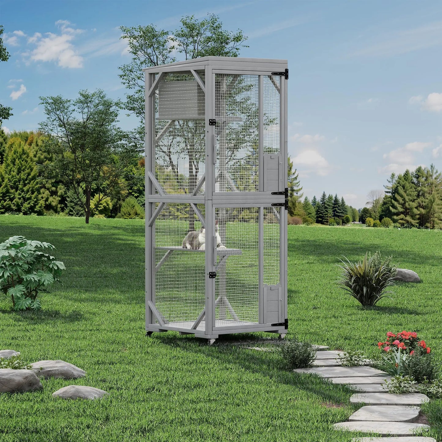 74.8" Large Catio Outdoor Cat Enclosure With 4 Lockable Wheels Weatherproof Multi-Door Cat House Patio Cattery For Multiple Cats